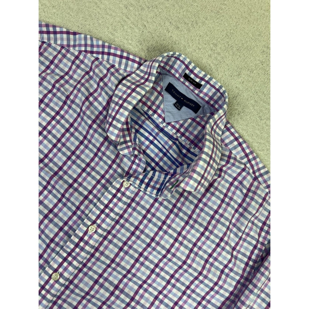 Tommy Hilfiger Shirt Mens 17.5 34-35 Purple Plaid Slim Fit Dress Long Sleeve